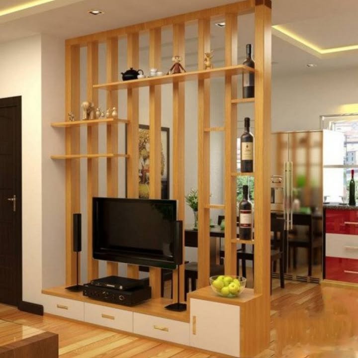 Lam gỗ kết hợp tủ kệ trang trí và vách